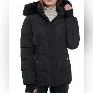 Women's Faux-Fur-Trim Hooded Puffer Coat - black